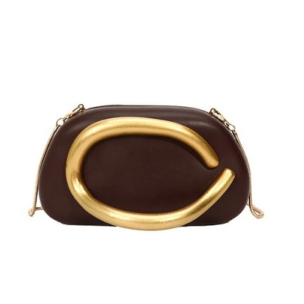 Chic Brown Bag with Metal Handle Clutch